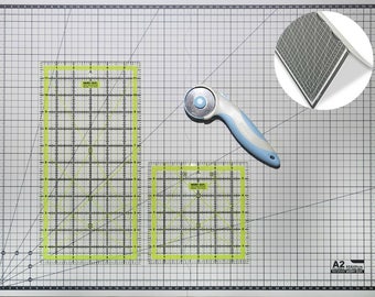 Cutting Mat + Quilting Ruler + Rotary Cutter Set / A2 Fold-able Self Healing Non Slip Board / Transparent Acrylic Inch Template 12x6" & 6x6"