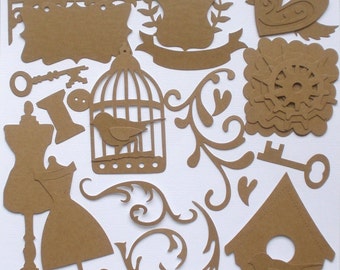 ViNTAGE FiNDiNGS- Alterable Kit - Raw CHiPBOARD Bare Die Cuts - Glitter Dust Design Special - Lot of 24 Shapes