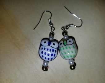 Blue and yellow owl earrings