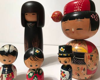 Set of five vintage Kokeshi dolls
