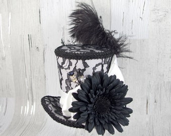 Black and White Lace and Flower Large Mini Top Hat Fascinator, Alice in Wonderland, Mad Hatter Tea Party, Derby Hat