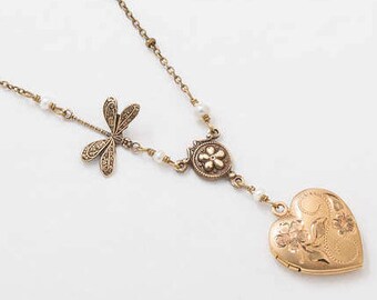 Heart Locket, Vintage Locket Necklace in Rose & Yellow Gold Filled with Genuine Pearls, Dragonfly, Flower and Leaf Engraving Jewelry Gift