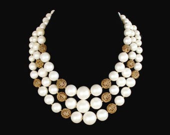 Lisner Multi Strand Faux Pearl And Filigree Brass Bead Necklace, Bridal Jewelry
