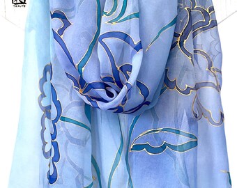 Hand Painted Silk Shawl Wrap, Blue Silk Shawl, Silk Chiffon Scarf, Floral Japanese Silk Scarf in Blue and Gold Ombre, Made to order