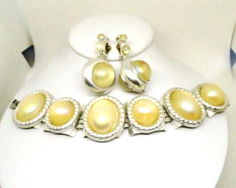 Yellow Moonglow Jewelry Set - Vintage, Babylone Paris Signed, Gold Plated Bracelet and Earrings Set