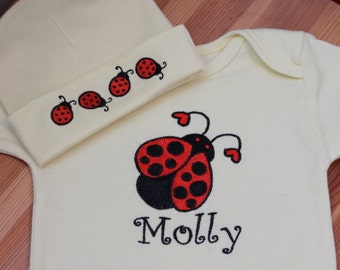 Personalized Embroidered Baby Onepiece Bodysuit and Cap - Ladybug