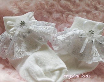 Unique Baby Girls White Silver Lace Frilly Lacy Christening Wedding Party Socks 0-6 months, 6-12 months, 12-24 months, 2-4 years