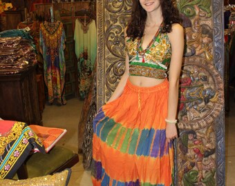 Womens Orange Tie Dye A-Line Gypsy Long Skirt Rayon Summer Style Hippie Chic Boho Maxi Skirts