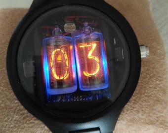 Nixie watch in wood casing: