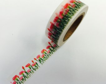 Red Poppy Flower Paper Washi Tape Scrapbooking Decorate Sticker - Planners -Spring - Tea Party - Garden -(1237)