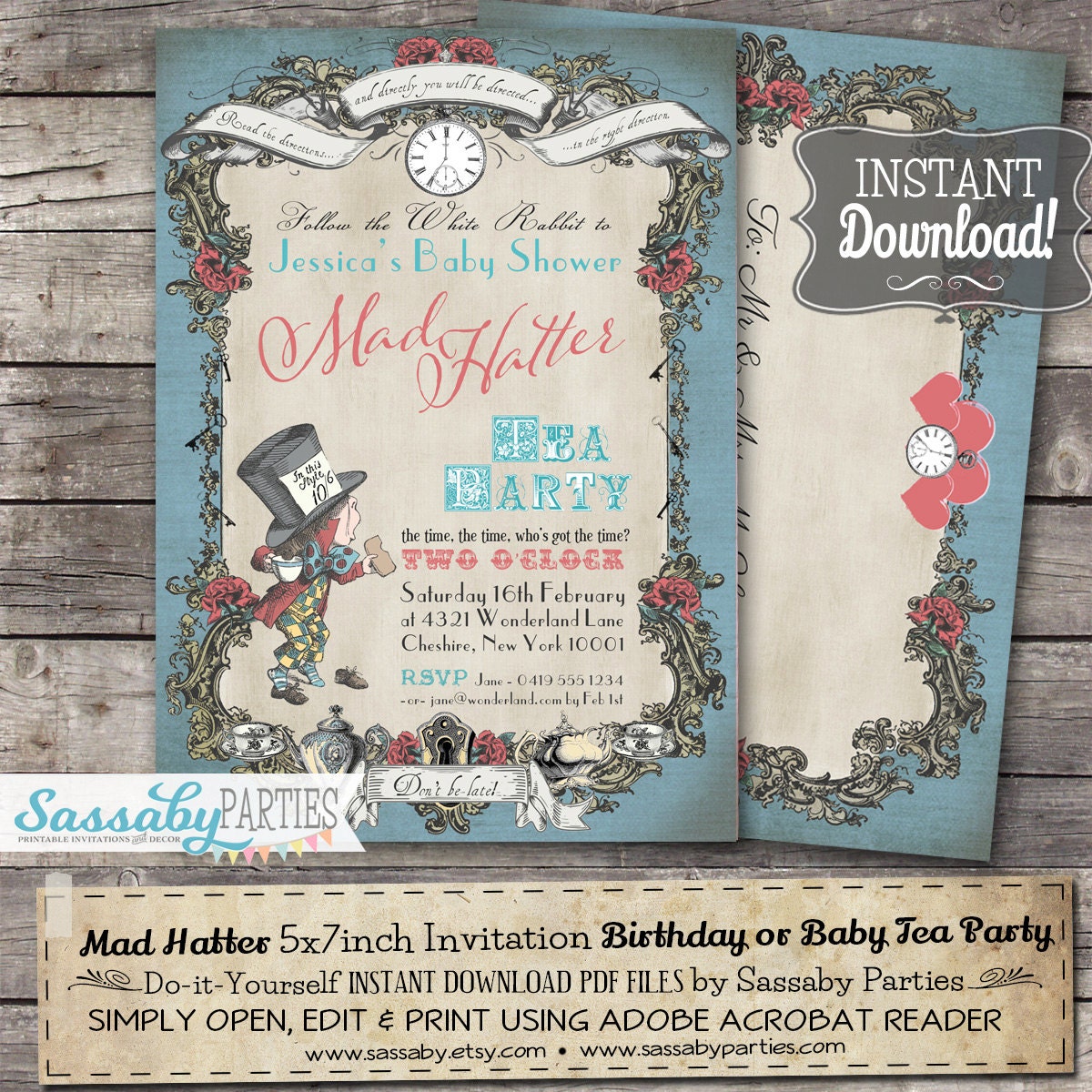 Mad Hatter Invitation Blue Pastel INSTANT DOWNLOAD