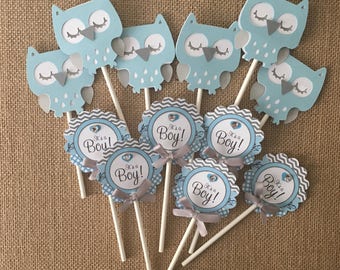 Owl cupcake toppers/ Owl baby theme/ Owl baby shower/ Owl light blue and Gray