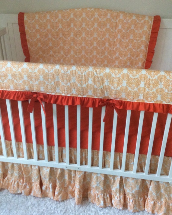 Baby Girl Crib Bedding Set Peach Orange Damask Bumperless