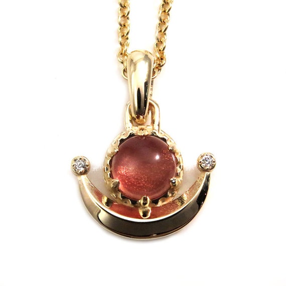Oregon Sunstone Crested Crescent Moon Pendant with White Diamonds - 14k Yellow Gold - Ready to Ship