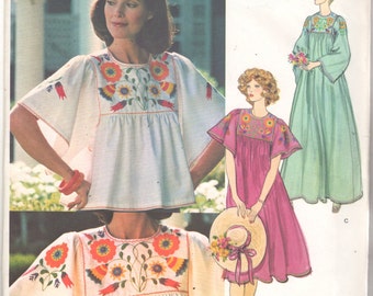 Vogue 1428 1970s Misses Top Dress CAFTAN Pattern Embroidery Transfers Womens Vintage Sewing Pattern Size Medium 12 14 Bust 34 - 36 UNCUT