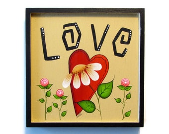 Love, Heart, Daisy Framed Plaque, Handpainted Wood, Hand Painted Valentine's Day Home Decor, Wall Art, Tole Decorative Painting, B3