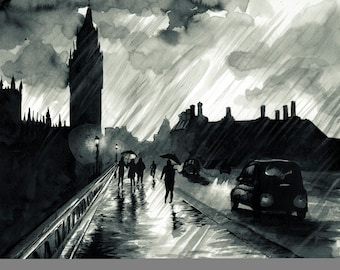 London Rain Ink Drawing Art Print Wall Art Home Decor