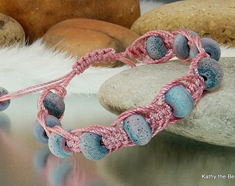 Macrame Bracelet -Pink Blue Lampwork Macrame Bead Bracelet - KTBL