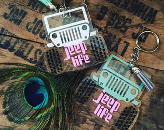 Glitter Acrylic Jeep Key Fob with Colored leather Tassel wrangler