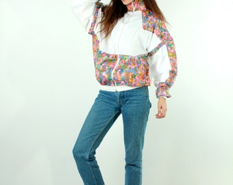 Vintage 80s Printed Windbreaker / White Windbreaker / Sporty Parka / Sports Jacket / Nylon Activewear / Colorblock Windbreaker / Size M