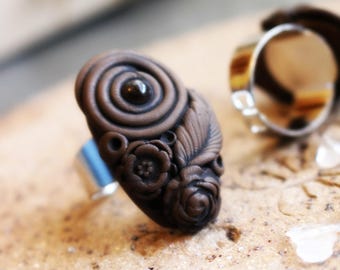 Clay & Gemstone Ring - Quartz - Fully Adjustable - Floral Flower Ring . Handmade Clay Jewelry . Goddess . Crystal and Gemstone Jewelry