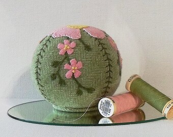 Handmade Pincushion Felted Wool Pink Flowers on a Green Pincushion