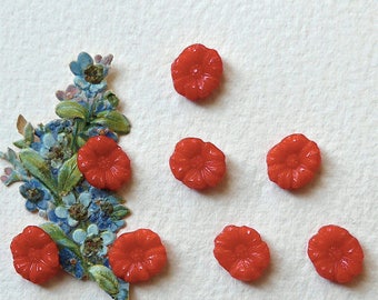 Glass buttons, realistic, diminutive, a set of 8, diminutive, vintage. Red pressed glass flowers, 2 hole sew-thru's. c1950's.