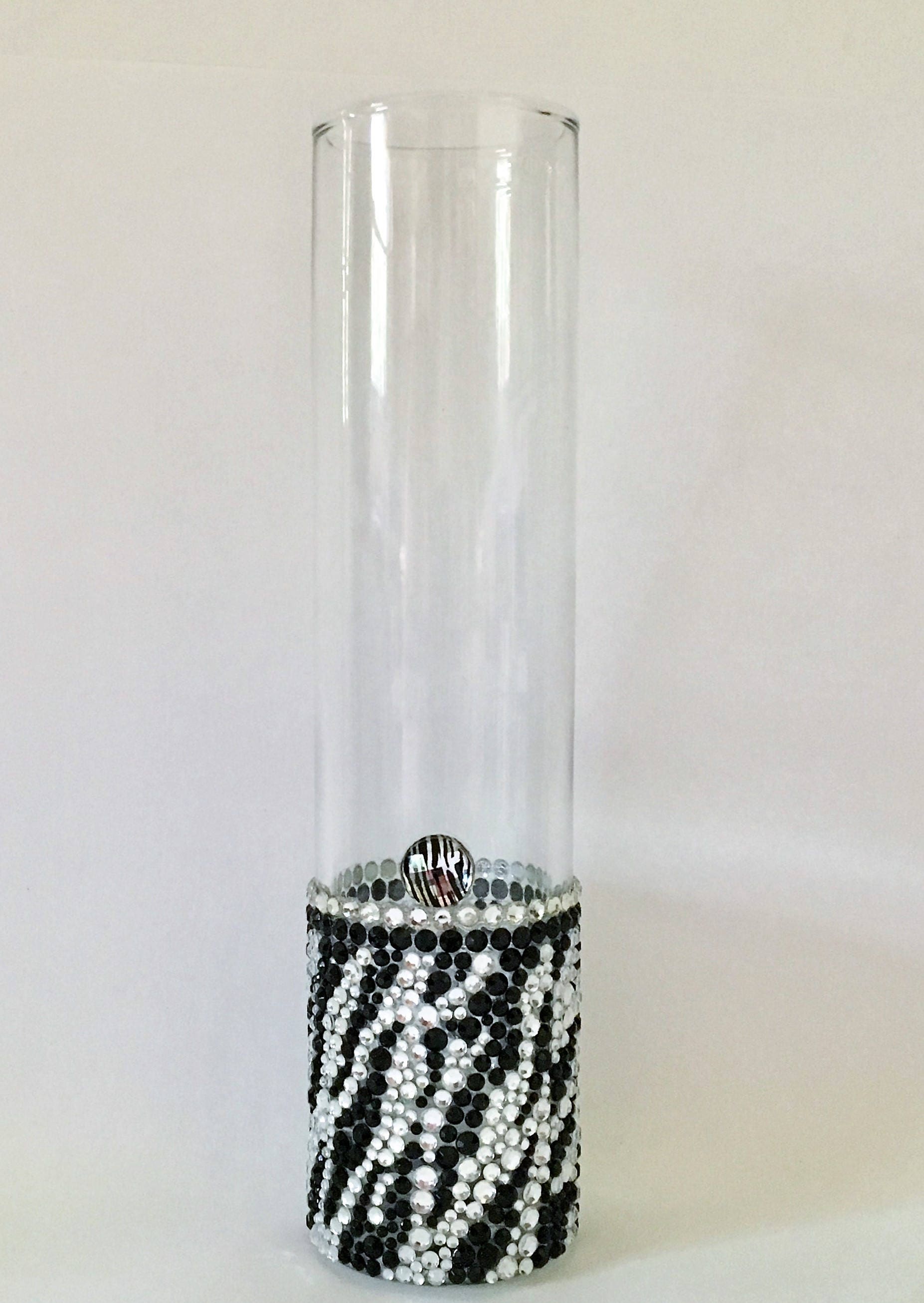 Rhinestone Vase Zebra Print Glass Bud Vase Black and White