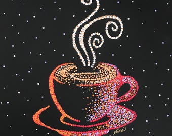 Dot Pointillism, Acrylic, Coffee Cup, 12" square, black canvas paper. dot art, pointillism art, original dot pointillism art