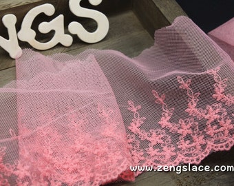 Pink mesh lace trim embroidered with flowers and leaves, 5 inches wide lace edging, doll lace, castteam, lace by the yard/EE-42