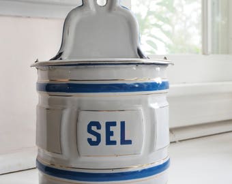 French Enamelware Salt Box, Made and Signed by St. Servais, c. 1900-1910, Blue and White, Kitchen Decor, Housewarming