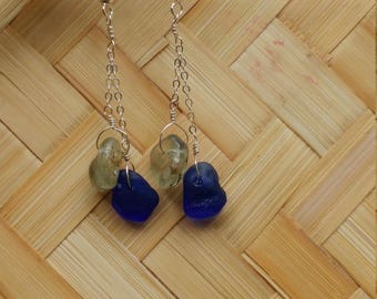 Cobalt blue seaglass and bonfire seaglass earrings on sterling silver