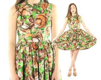 Vintage 60s Dress Full Skirt Floral Abstract Sleeveless Mini 1960s Small S Green Brown Orange Pinup Rockabilly Party Sundress