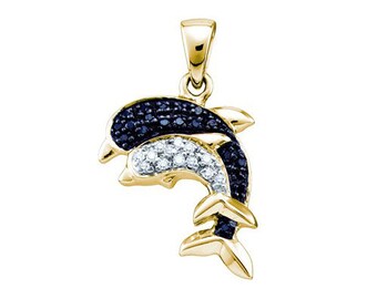 Black and white diamond dolphin yellow gold pendant
