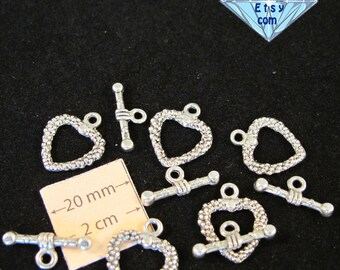 Antiqued Silver Metal 20mm x 15mm Heart Togle Clasp, Set of 5, 1066-24