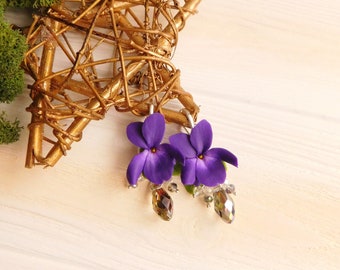 Violet drop earrings, Flower jewelry, Unique earrings Silver, Polymer clay jewelry, Deep Purple, Crystal earring, Woodland, Natural jewelry