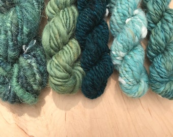 Weaving Yarn Bundle Hand Spun Yarn, Yarn for Weaving, Knitting, Yarn Pack, Fiber Art, Green-Blue