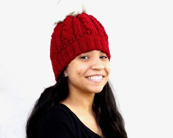 Pom Pom Hat, Crochet Pom Pom Hat, Tam Hat, Crochet Hat, Color is Cranberry,
