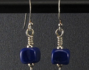 Wire-wrapped Sterling Silver Earrings with Rich Blue Glass Lampwork Beads (E-5)