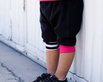 Black, white, hot pink harem shorts - baby toddler kids harems - color blocked harem shorts