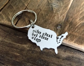 United States Custom hand stamped keychain long distance relationship keychain, USA with Personalized state keychain going miles apart