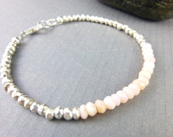 Heart Chakra Bracelet, Pink Peruvian Opal Bracelet, Opal and Silver Pyrite Bracelet, Healing Crystals Stacking Bracelet, Sterling Silver