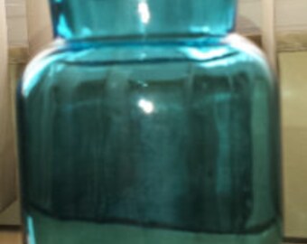 Vintage Teal Blue Belgium Glass Jar with Bubble Lid Mid Century 1970 D165