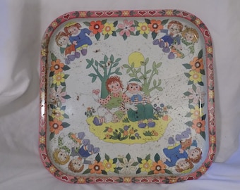 1970s Vintage Metal Daher Decorated Ware RAGGEDY ANN & ANDY Tray 13.5" X 13.5" I Love You by Pritchard