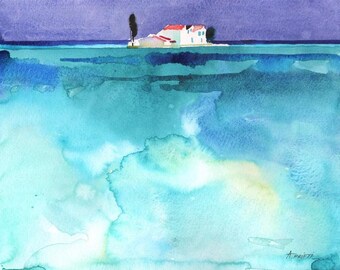 Print of WATERCOLOR LANDSCAPE, sea watercolor print, greek island print, greece print, island landscape, watercolor ocean print, blue art