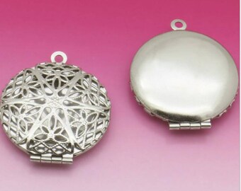 10 316L Stainless Steel Filigree Lockets W/ 27mm Round Photo Frame Base Setting Wholesale Pendant Locket