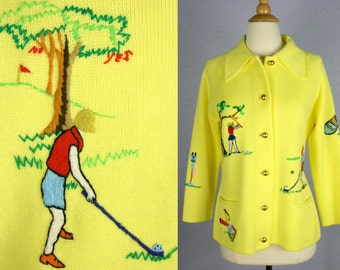 Vintage 1960s Andreno Argenti GOLF Sweater Vintage 60s Embroidered Cardigan 60s KITSCH Sweater 60s Novelty Sweater YELLOW Acrylic Sweater