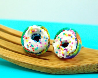 Rainbow Bagel Earrings with Rainbow Sprinkles // MADE TO ORDER // Post Earrings // Miniature Food Earrings