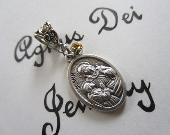 St Ann Medal & Dk Yellow Glass Charm Pendant, Patron Saint for Mothers - Grandmothers - Women in Labor, Catholic Religious Gift