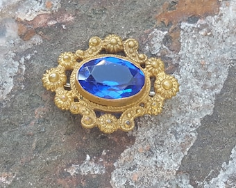 Victorian Brooch~Antique Gilt Brass Brooch~Blue Cut Glass Pressed Brass Pin~Old C-Clasp~Antique jewelry~Vintage Jewelry~JewelsandMetals.
